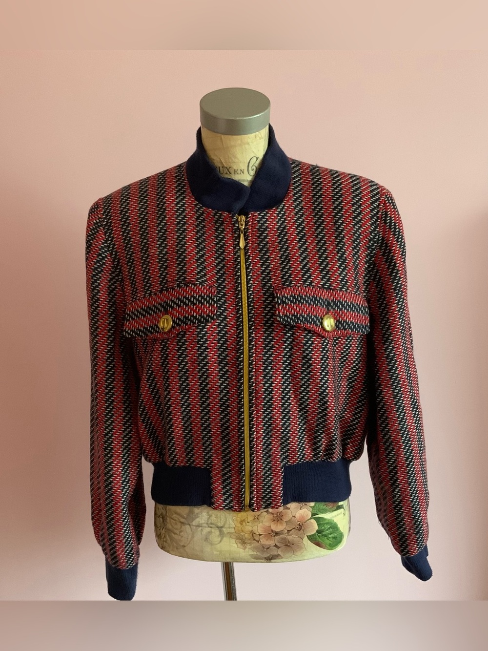 Vintage 90s Navy Trim Red & Black Tweed Bomber Jacket